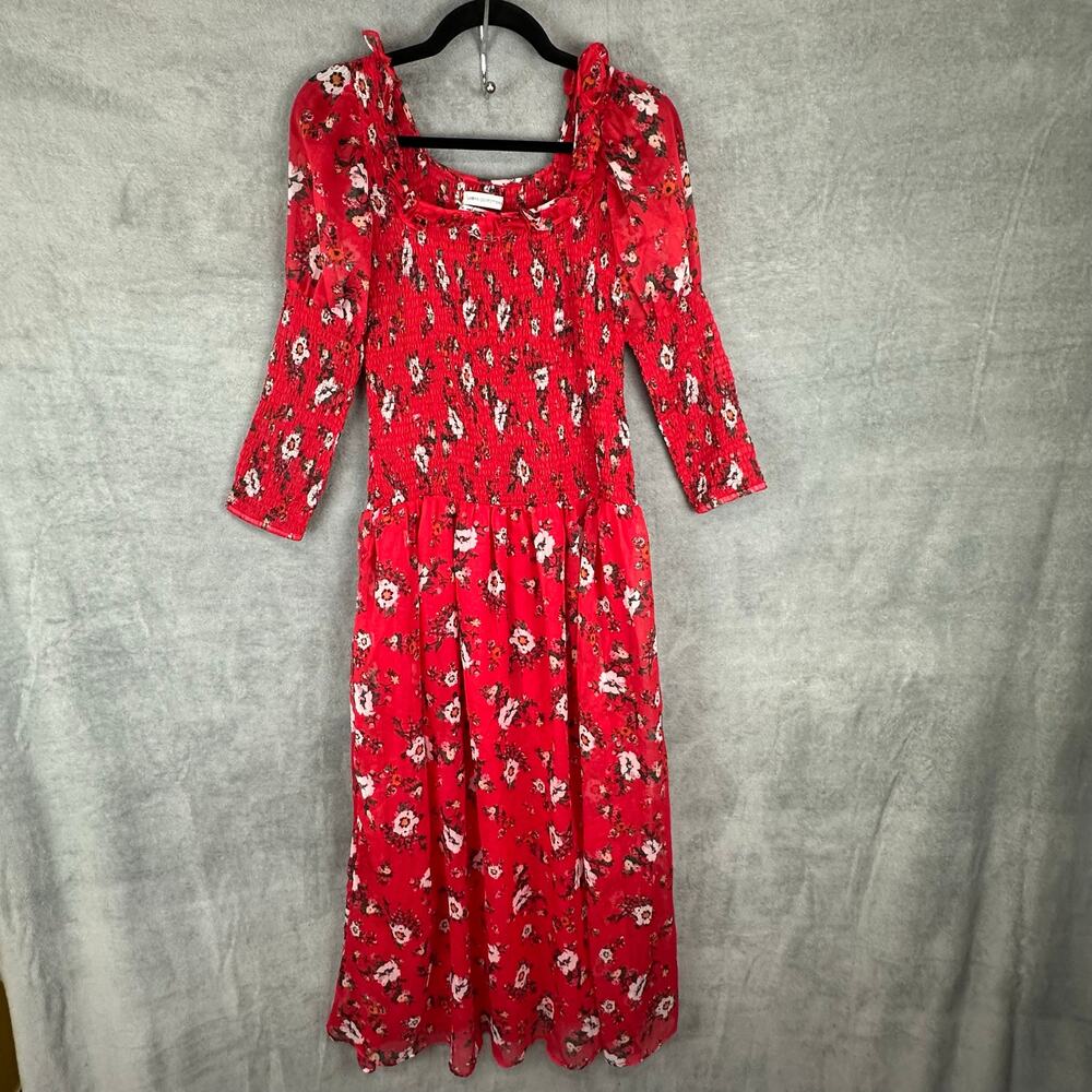 Urban Outfitters Dress Womens Small Red Floral Smocked Maxi Cottagecore Peasant - Picture 2 of 14
